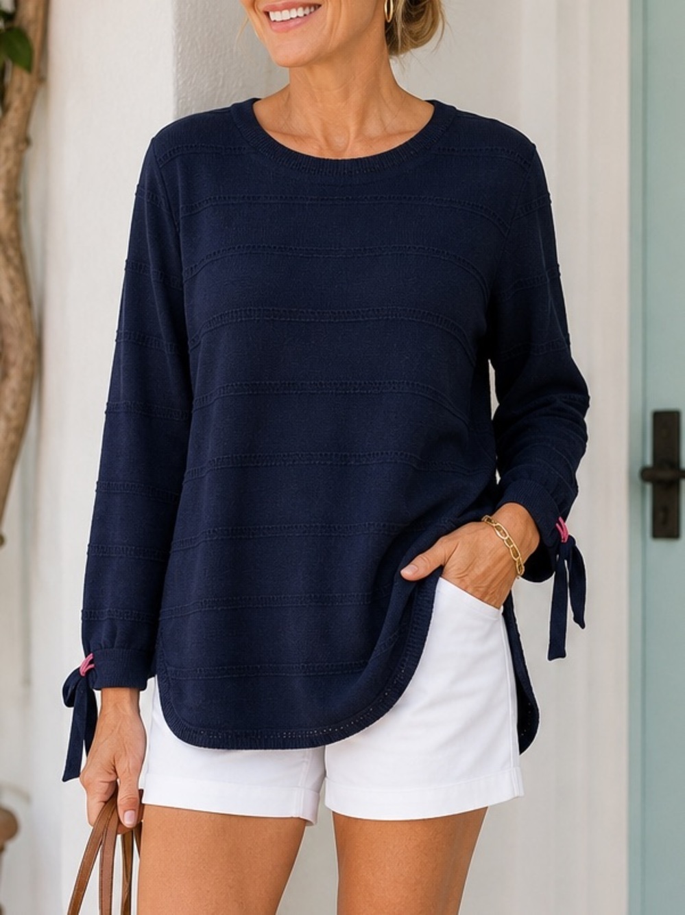 Lisa Todd navy pullover tie cuffs sweater cotton lightweight long sleeves Size L